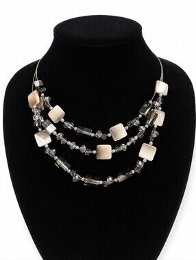 Silver Tone Multi Strand Beaded Statement Necklace Gray Ivory Geometric